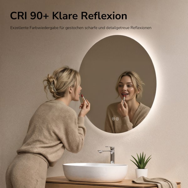 Runder LED-Badezimmerspiegel mit Hintergrundbeleuchtung und hohem Farbwiedergabeindex von über 90 für eine klare Reflexion.