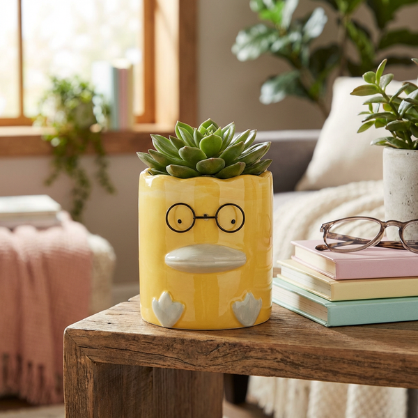 Gelber Pflanztopf in Entenform mit Sukkulente auf Holztisch