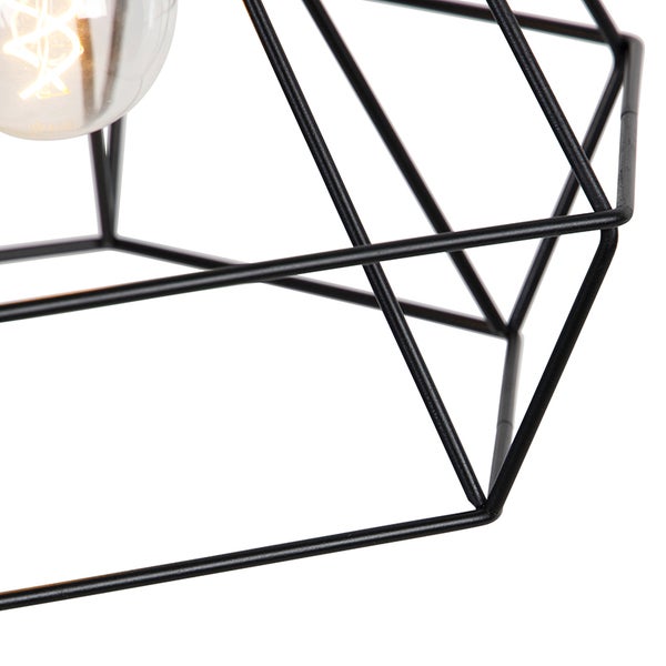 Detailaufnahme einer schwarzen Draht-Pendelleuchte mit Glühbirne