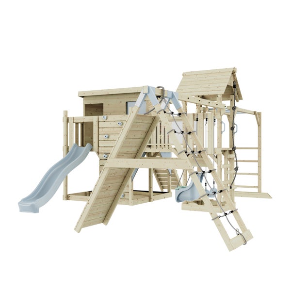 Spielturm aus Holz mit Rutsche, Kletterwand und Schaukel