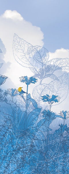 Illustration von Blumen und einem Vogel vor einem Himmel mit Wolken
