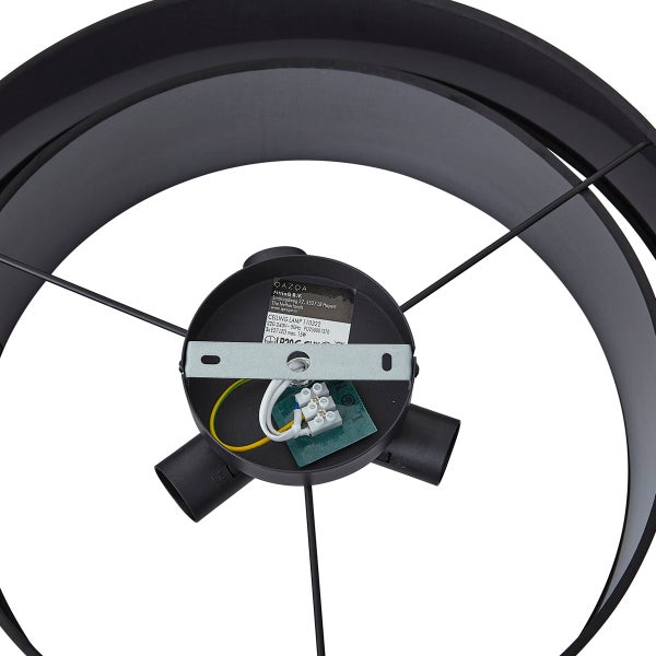 Innenansicht einer Deckenleuchte mit drei E27 Fassungen, Montagebügel und elektrischer Anschlussklemme.