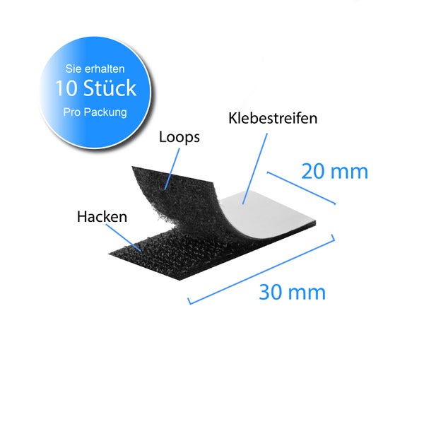 Selbstklebendes Klettband mit zehn Stück pro Packung, Maße 20 mal 30 Millimeter mit Haken und Flausch.