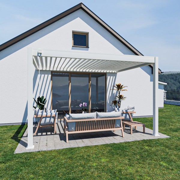 Weide Deluxe Wandpergola 3 x 4 M - Voll-Aluminium, Lamellendach, Weiß