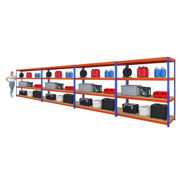 PROREGAL Mega Deal 4x Profi Schwerlastregal Bison HxBxT 200 x 200 x 60 cm 4 Fachböden Fachlast 600 kg Blau-Orange