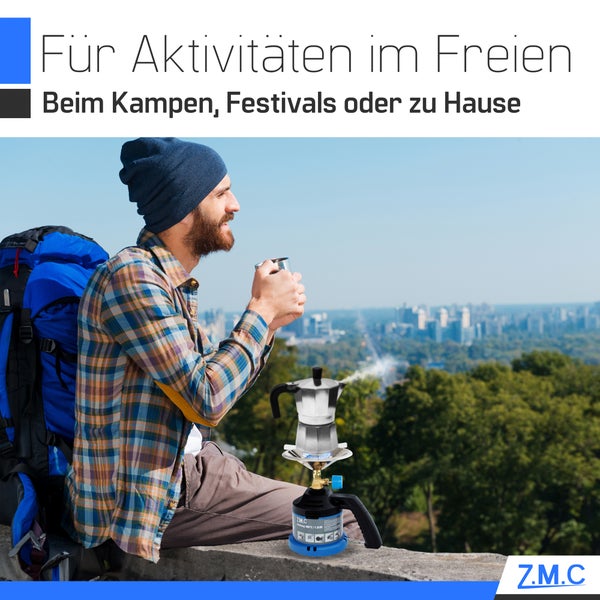 Z.M.C Campingkocher 1-flammig mit Griff, inkl. 190g Gaskartuschen, Kleiner Gasgrill & Kohleanzünder, Kartuschenkocher für Stechkartuschen, tragbarer Gaskocher für Camping & Outdoor und Indoor