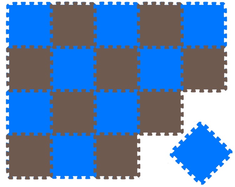 Blau und braun karierte Schaumstoff-Bodenmatten mit ineinandergreifenden Puzzle-Kanten.