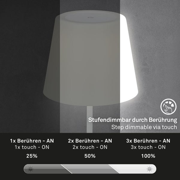 BRILONER CAMPI LED Tischlampe kabellos, IP44 Spritzwasserschutz, Touchfunktion, in Stufen dimmbar, Neutralweißes Licht, weiß, 14,5 x 30 cm