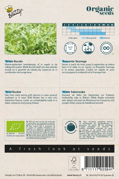 Bio-Saatgutpackung für Wilde Rauke mit Anbauhinweisen und Gütesiegeln