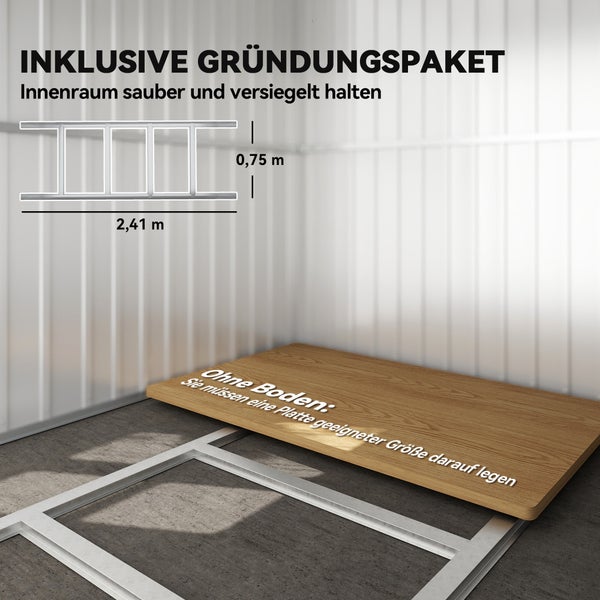 Metallrahmen-Gründungspaket für Gerätehaus, Maße 2,41 mal 0,75 Meter, auf Betonboden mit Holzplatte.