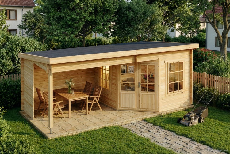 Holzgartenhaus mit integriertem überdachtem Sitzbereich und Terrasse, ideal als Gartenlounge genutzt.