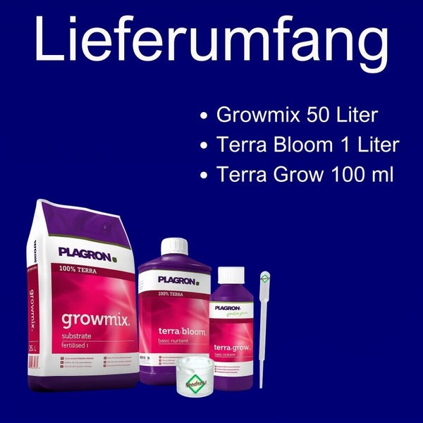 Lieferumfang: Plagron Growmix 50 Liter, Terra Bloom 1 Liter und Terra Grow 100 Milliliter inklusive Messbecher und Pipette.