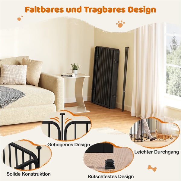 Zusammenklappbares, tragbares Hunde-Schutzgitter in heller Wohnumgebung mit Sofa und Tisch.