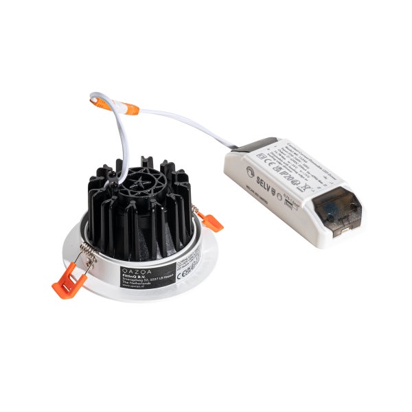 LED-Einbaustrahler mit schwarzem Kühlkörper, weißem Ring, orangefarbenen Montagefedern und externem LED-Treiber.