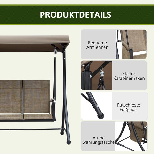 Outsunny Hollywoodschaukel mit Seitentasche, 3-Sitzer Gartenschaukel mit verstellbarem Sonnendach, Schaukelbank belast bis 300kg, für Garten, Terrasse, 196 x 128 x 172 cm, Braun
