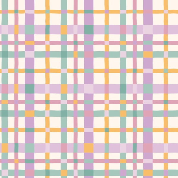 Tapete mit handgezeichnetem Karomuster in bunten Pastelltönen.