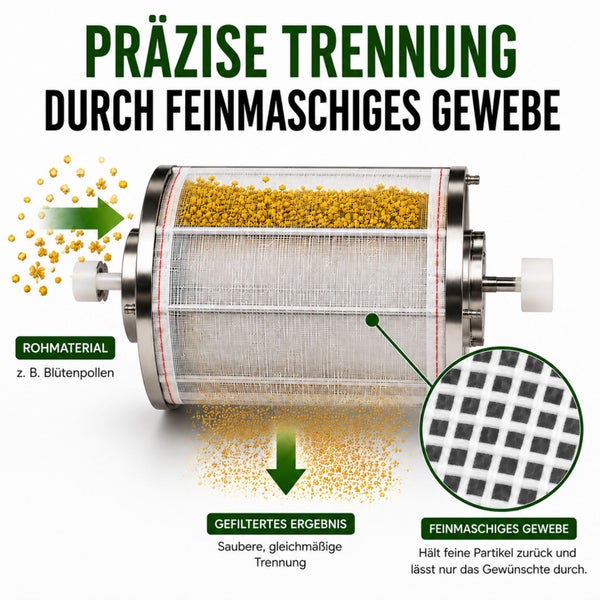 Zylindrische Maschine zur präzisen Trennung von Rohmaterialien wie Blütenpollen durch ein feinmaschiges Gewebe für ein sauberes Ergebnis.