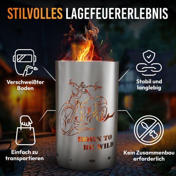 Feuerstelle aus Metall mit Motorrad Motiv und dem Schriftzug Born to be wild, geeignet für den Garten