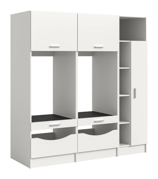 Weißes modulares Waschküchen-Schranksystem für Waschmaschinen und Trockner, mit Oberschränken, Schubladen und Seitenregalen.