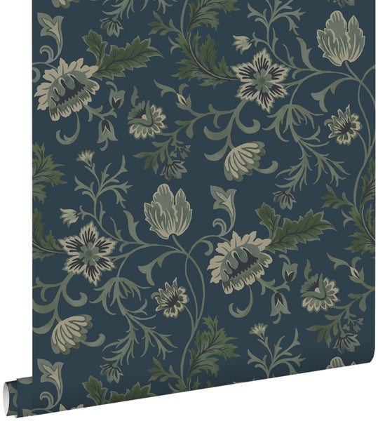 ESTAhome Tapete Blumenmuster Dunkelblau und Grün - 53 cm x 10.05 m - 139416
