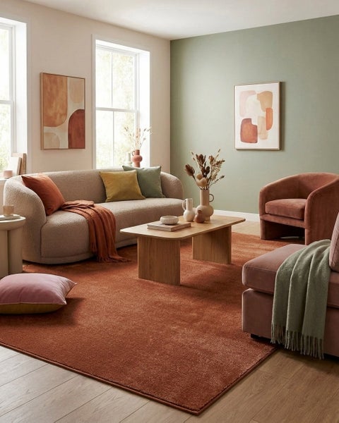 Modernes Wohnzimmer mit geschwungenem Bouclé-Sofa, terrakottafarbenem Teppich, Couchtisch aus Holz und einer Akzentwand in Salbeigrün.