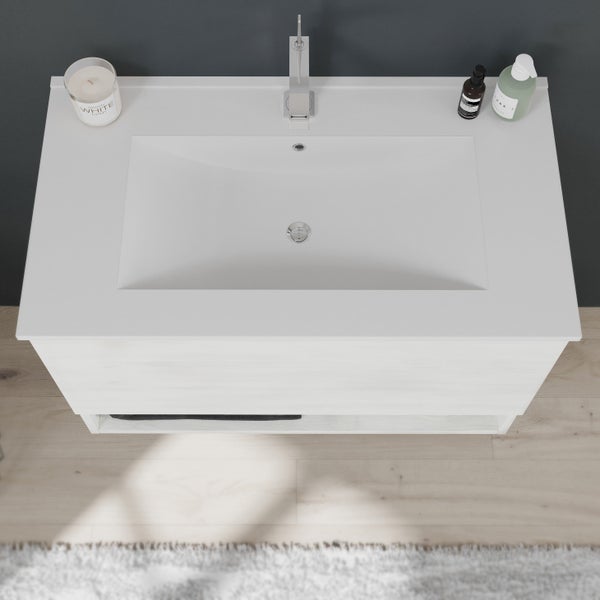 Waschtisch mit Waschbecken, Armatur und Ablagefläche für Badutensilien