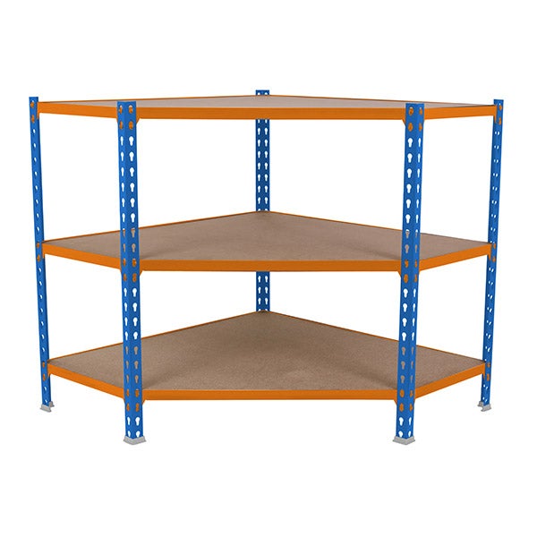 Eckregal SMALL MULI | HxBxT 90x90x30cm | 3 Fachböden | Fachlast 200kg | Blau-Orange | Lagerregal Kellerregal Werkstattregal Metallregal Fachbodenregal Steckregal