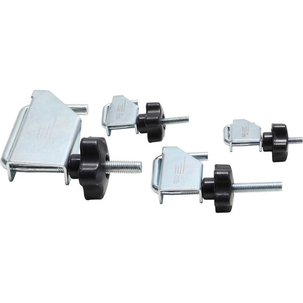 Vier Metallklemmen in verschiedenen Größen mit schwarzen Sterngriffschrauben und BGS technic Logo.