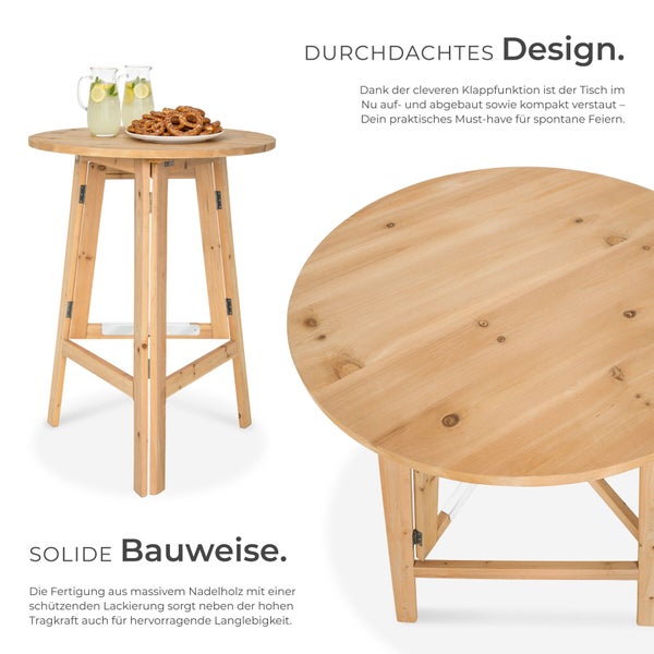 Klappbarer Stehtisch aus lackiertem massivem Nadelholz mit runder Tischplatte.