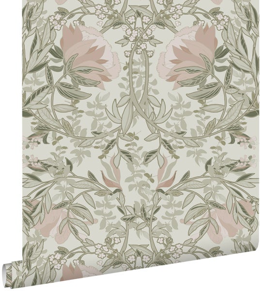 ESTAhome Tapete Blumenmuster im Jugendstil Sandbeige und Altrosa - 53 cm x 10.05 m - 139418