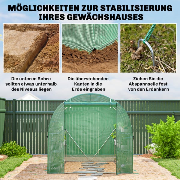 Anleitung zur Stabilisierung eines Gewächshauses durch Eingraben der Rohre und Folie sowie Verwendung von Erdankern und Abspannseilen.