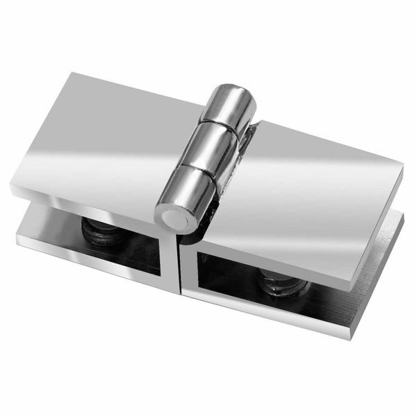 Ein glänzendes Metallscharnier für Ganzglastüren zum Klemmen.