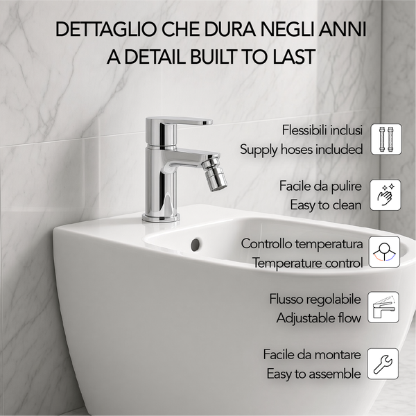 Bidetarmatur mit verstellbarem Strahlregler, inklusive Anschlussschläuchen, Temperaturregelung und einfacher Montage an einem Bidet.