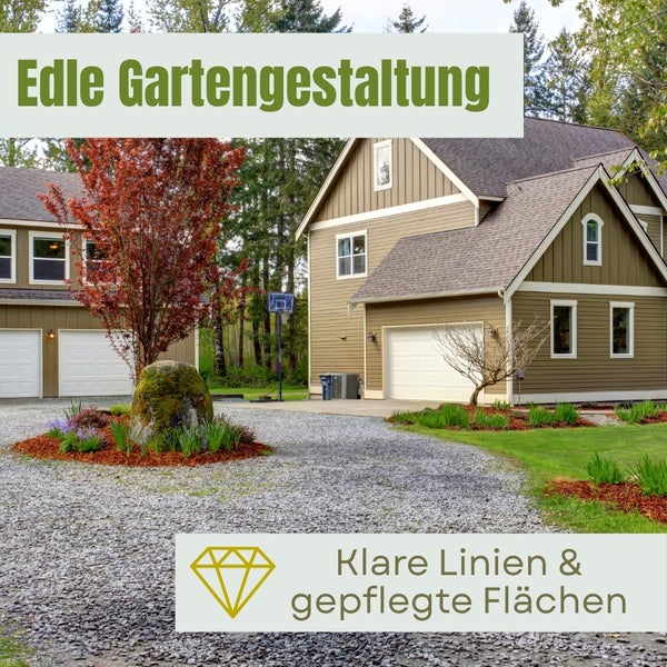 Gestalteter Garten mit Haus, Steinen und Bäumen