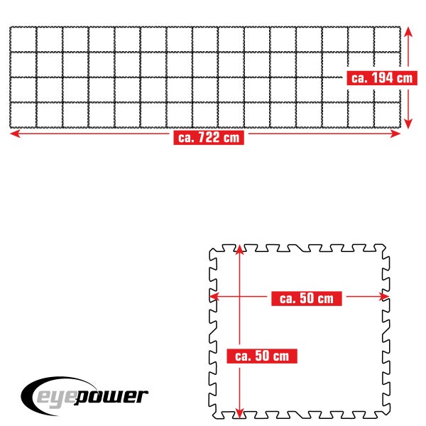 Abbildung der Abmessungen der Eyepower Bodenschutzmatten