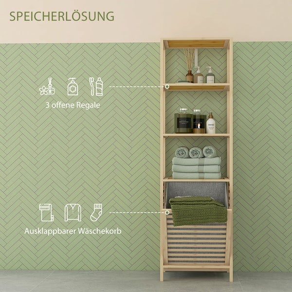 HOMCOM Badregal mit Wäschekorb, Badezimmerregal mit 3 Ebenen, Ausziehbarem Stoffkorb, Badschrank mit Kippschutz für Wohnzimmer, Badezimmer, Bambus, 44 x 33 x 160 cm