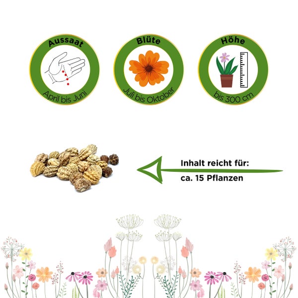 Aussaat von April bis Juni, Blütezeit von Juli bis Oktober, Wuchshöhe bis 300 Zentimeter, Inhalt ausreichend für circa 15 Pflanzen.