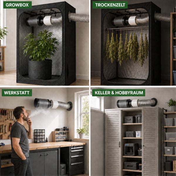 Vier Anwendungsbereiche für ein Abluftset mit Filter und Ventilator: Growbox, Trockenzelt, Werkstatt sowie Keller oder Hobbyraum.