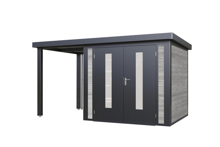 Gartenhaus mit Schleppdach aus Metall und Holzoptik Elementen mit Doppelflügeltür und Glaseinsätzen