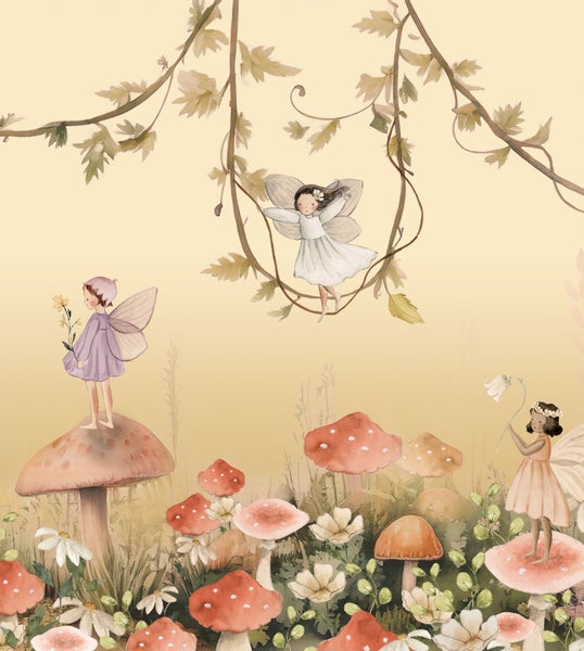 Illustration einer Märchenlandschaft mit Feen, Pilzen und Pflanzen