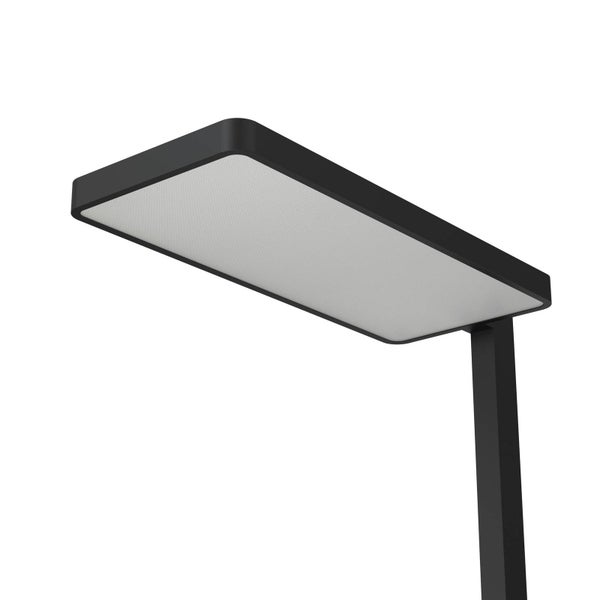 Rechteckige LED-Leuchte in Schwarz mit weißem Diffusor, modernes Design für Büro oder Arbeitsplatz.