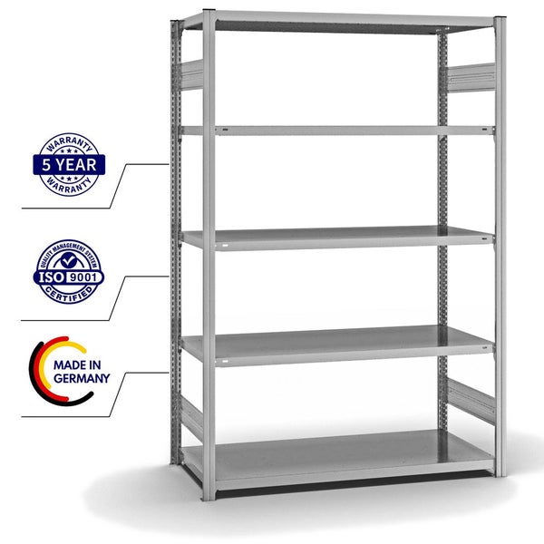 PROREGAL Fachbodenregal Stecksystem T-Profil Light-Duty Grundregal HxBxT 200 x 130 x 60 cm 5 Ebenen Fachlast 190 kg Beidseitig Nutzbar Verzinkt