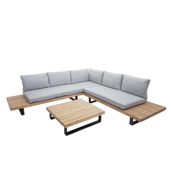 Garten-Lounge-Set aus Holz mit grauem Polster, bestehend aus einem Ecksofa in L-Form und einem quadratischen Tisch.