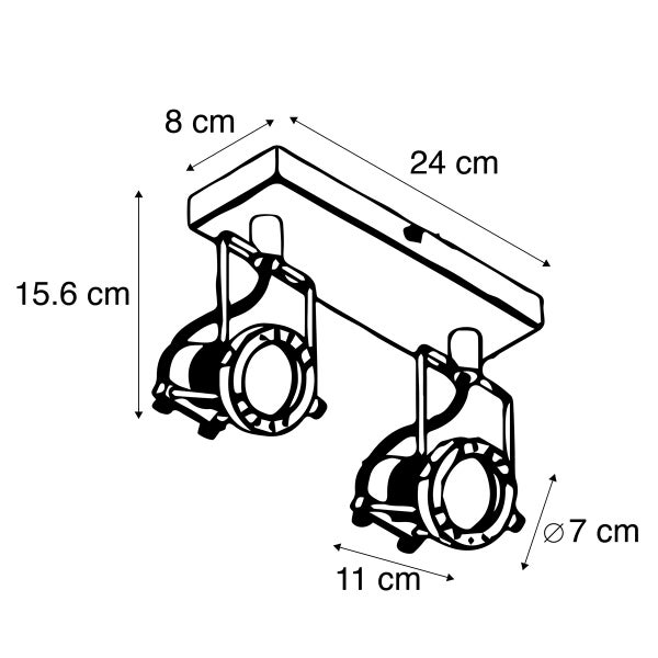 Abbildung mit Maßen einer Deckenleuchte mit zwei Strahlern, 24 cm breit, 8 cm tief und 15,6 cm hoch.