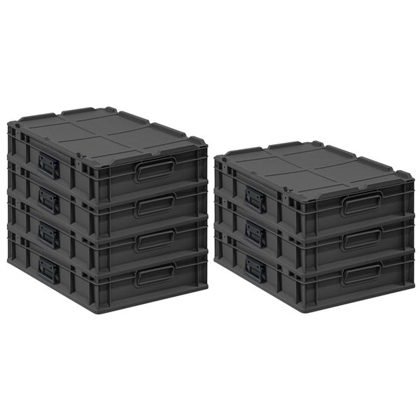 Zwei Stapel grauer Lagerboxen mit Deckel