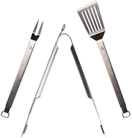 Dreiteiliges Grillbesteck-Set aus Edelstahl bestehend aus Grillzange, Grillgabel und Grillwender.