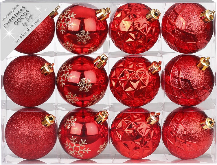 LAALU Satz von 12 Ornamenten: rote runde Mix-Ornamente 6 cm