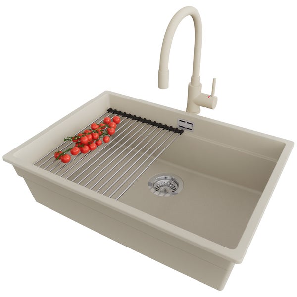 Spüle aus Granit mit Abtropfgestell und Armatur