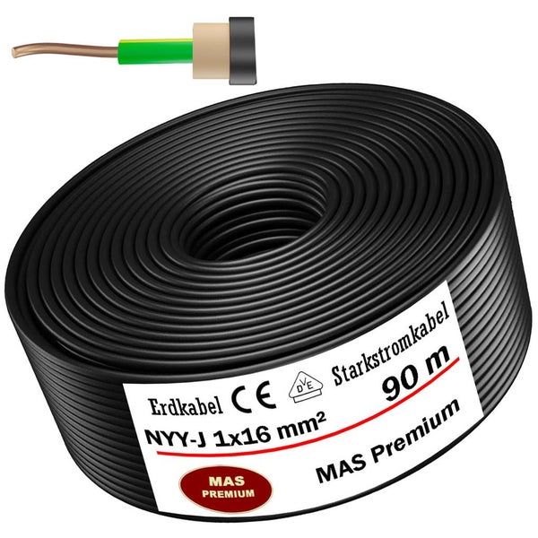 Erdkabel NYY-J 1 mal 16 Quadratmillimeter, 90 Meter Rolle, MAS Premium, Starkstromkabel mit Kupferleiter, VDE-geprüft und Europäische Konformität.