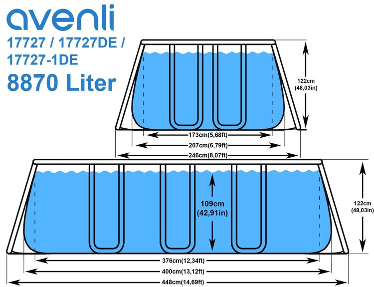 Avenli Aufstellpool Framepool rechteckig 400x207x122 cm Ersatzpool inkl. Stopfen und Gartenschlauchadapter grau